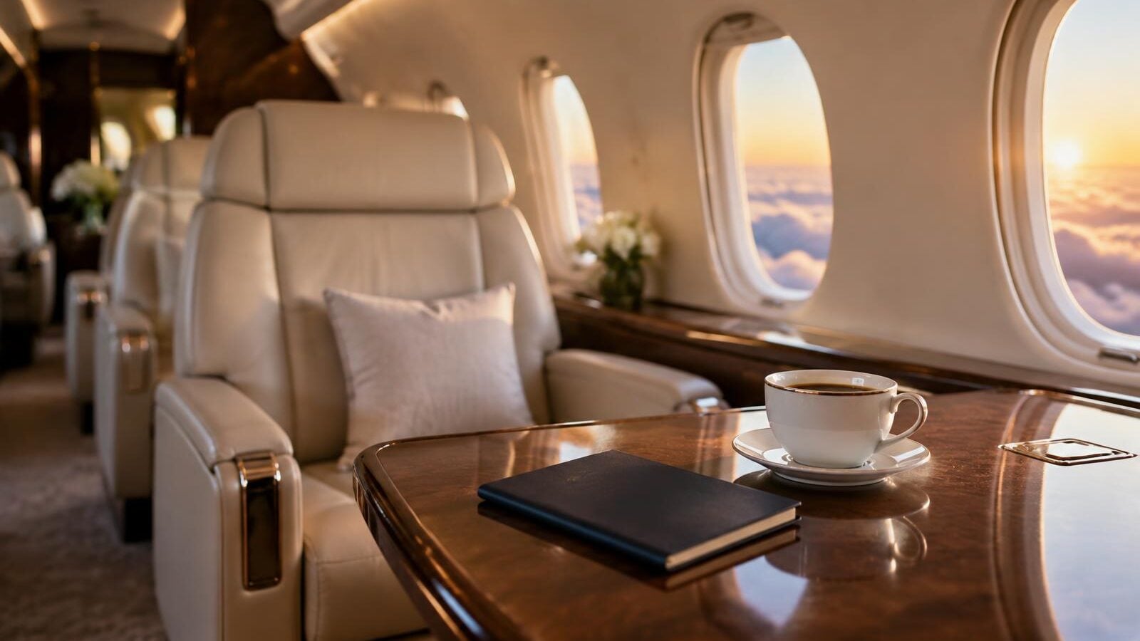 Private jet cabin at sunrise