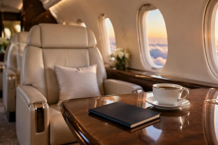 Private jet cabin at sunrise