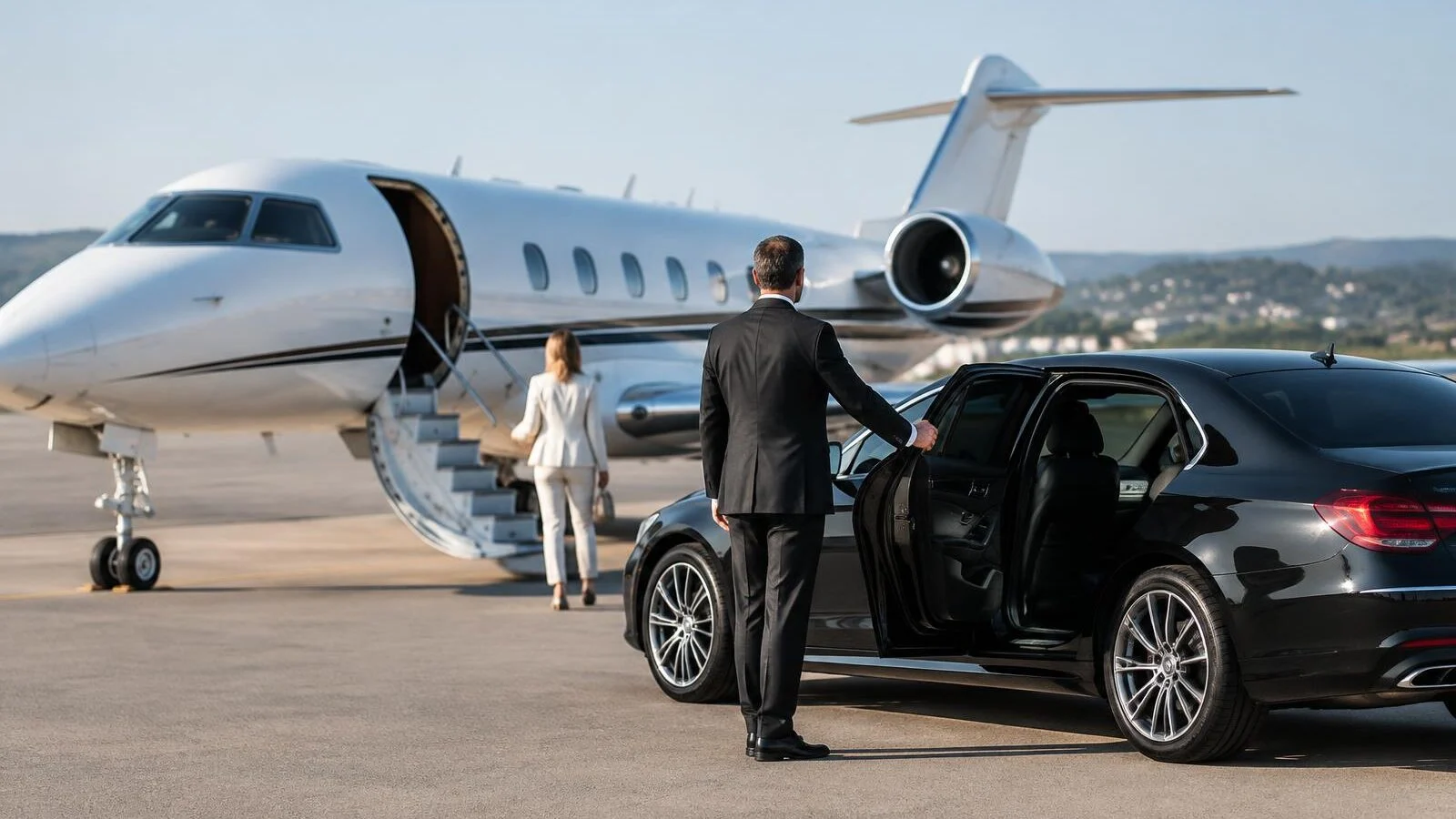 Driver waiting with a black Mercedes-Benz beside a private jet