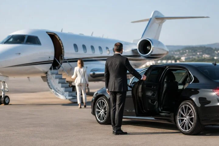 Driver waiting with a black Mercedes-Benz beside a private jet
