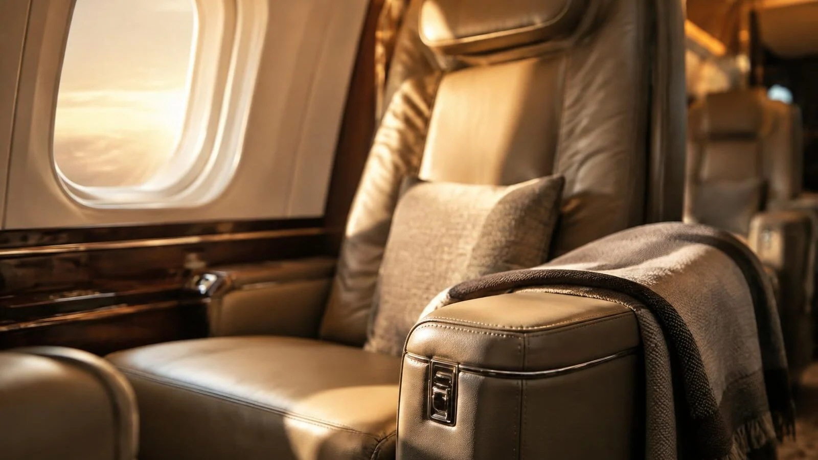 Private jet leather seat close-up