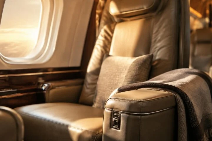 Private jet leather seat close-up