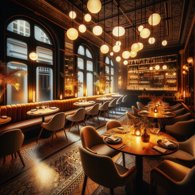 A cozy and intimate dining space in Eneko Lisboa, featuring warm lighting and elegant decor, capturing the essence of a Michelin-starred dining experi A cozy and intimate dining space in Eneko Lisboa, featuring warm lighting and elegant decor, capturing the essence of a Michelin-starred dining experi