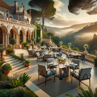 michelin-star-restaurant-lisbon-An outdoor dining terrace at Penha Longa Resort, showcasing a luxurious setting with views of the lush gardens and Sintra mountains, reflecting a high michelin-star-restaurant-lisbon-An outdoor dining terrace at Penha Longa Resort, showcasing a luxurious setting with views of the lush gardens and Sintra mountains, reflecting a high